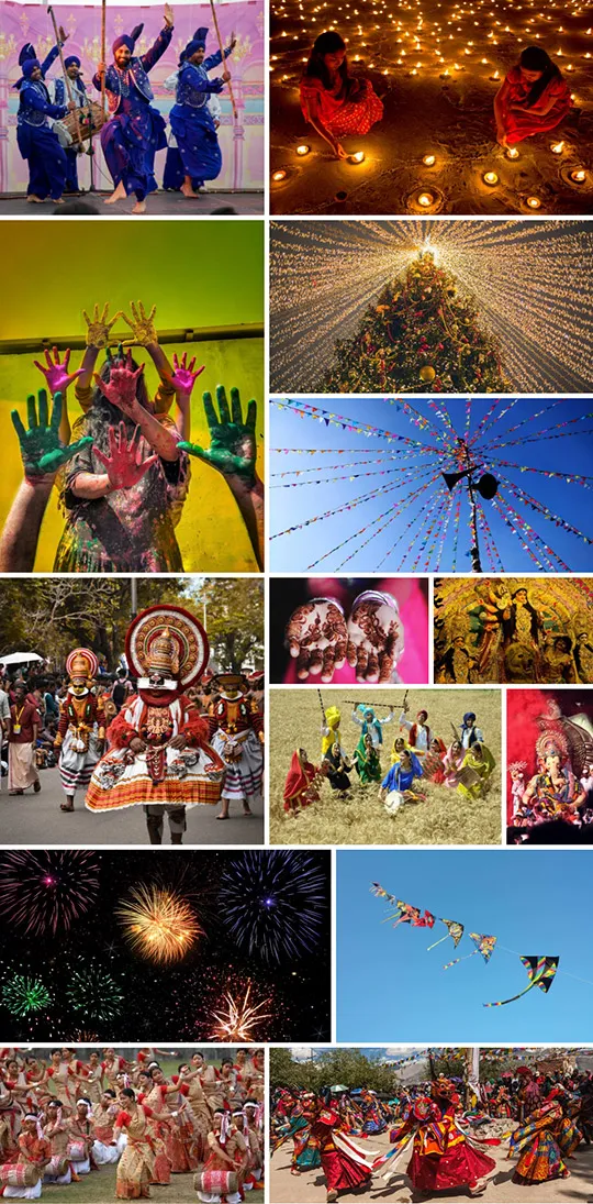 Indian festivals like Holi, Diwali, Bihu, Vasant Panchami, Christmas collage
