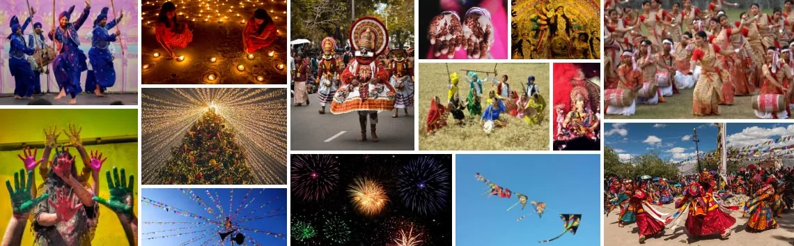Indian festivals like Holi, Diwali, Bihu, Vasant Panchami, Christmas collage