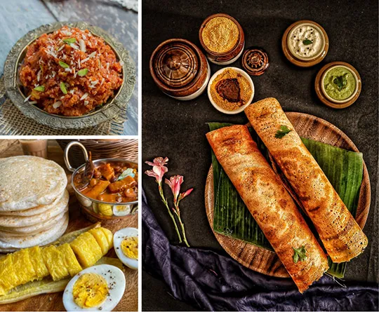 Popular Indian dishes like Dosa, Kulcha, Samosa, Indian bread