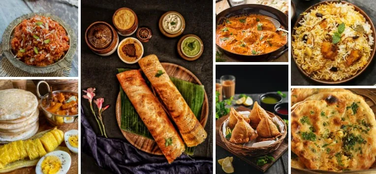 Popular Indian dishes like Dosa, Kulcha, Samosa, Indian bread