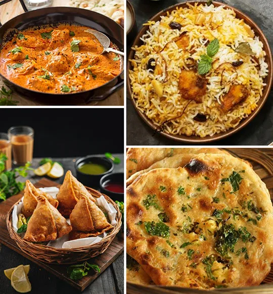 Popular Indian dishes like Dosa, Kulcha, Samosa, Indian bread